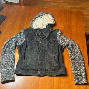 Free People Black Denim Sweater Jacket trucker distressed gray women large L